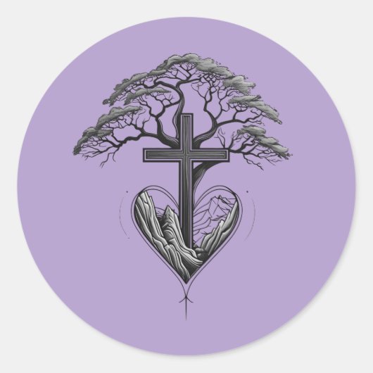 Christian Cross Tree Mountain Heart Sticker ラウンドシール (正面)