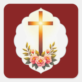 Christian Easter Cross with Flowers – Autocolante スクエアシール