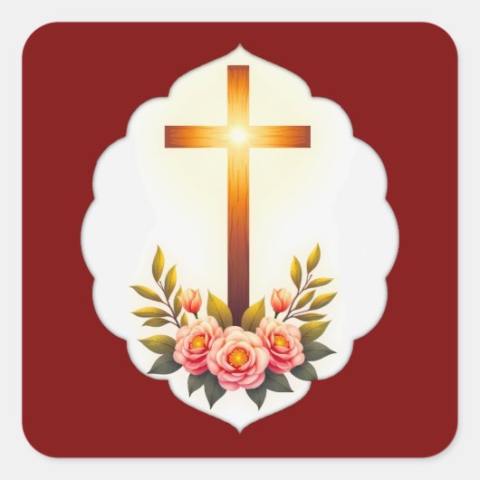 Christian Easter Cross with Flowers – Autocolante スクエアシール (正面)