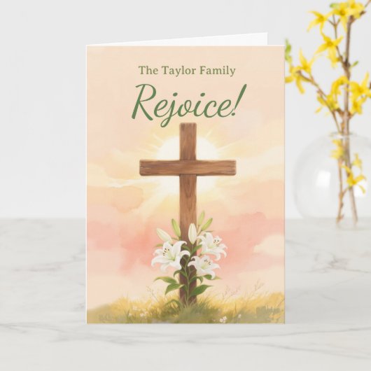 Christian Easter Rejoice Personalized Family Name カード (黄色い花)