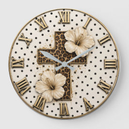 Christian Floral Cross Elegant Leopard Print Faith ラージ壁時計