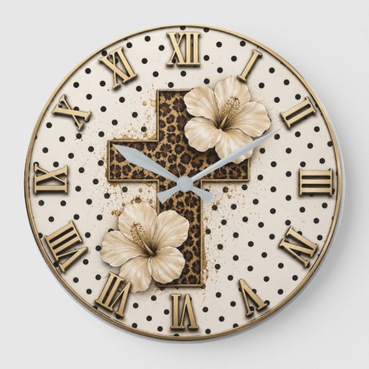 Christian Floral Cross Elegant Leopard Print Faith ラージ壁時計 (正面)
