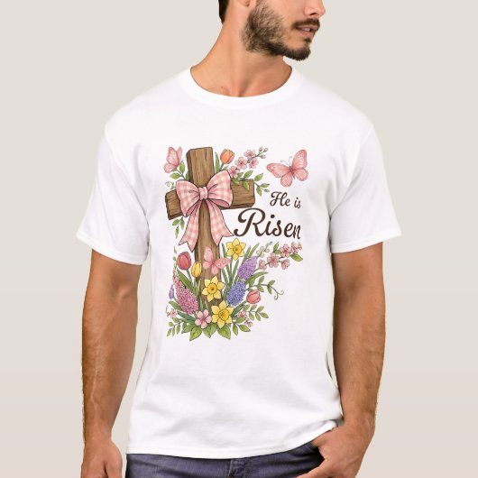 Christian- He is Risen Floral Cross Religious East Tシャツ (正面)