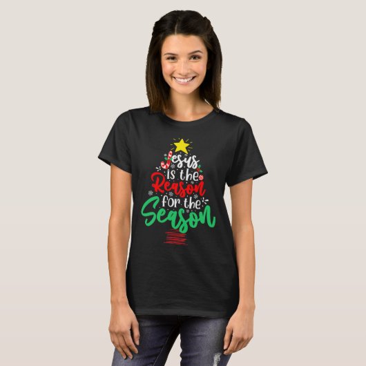 Christian Jesus Is The Reason Christmas Xmas Tree  Tシャツ (正面フル)