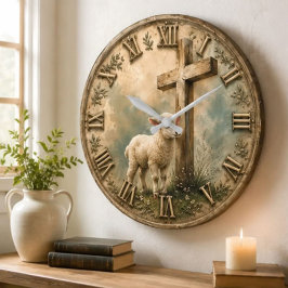 Christian Lamb Cross Faith Gift ラージ壁時計