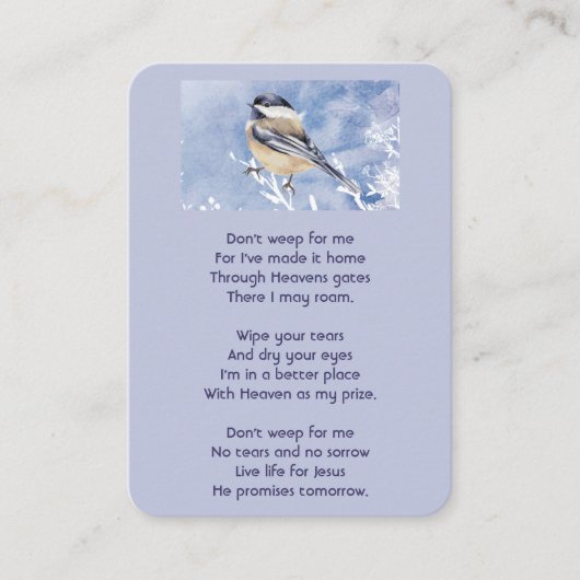 Christian Memorial Chickadee Bird Winter Snow Tree 名刺 (正面)