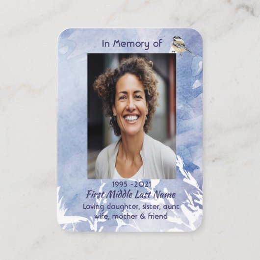 Christian Memorial Chickadee Bird Winter Snow Tree 名刺 (裏面)