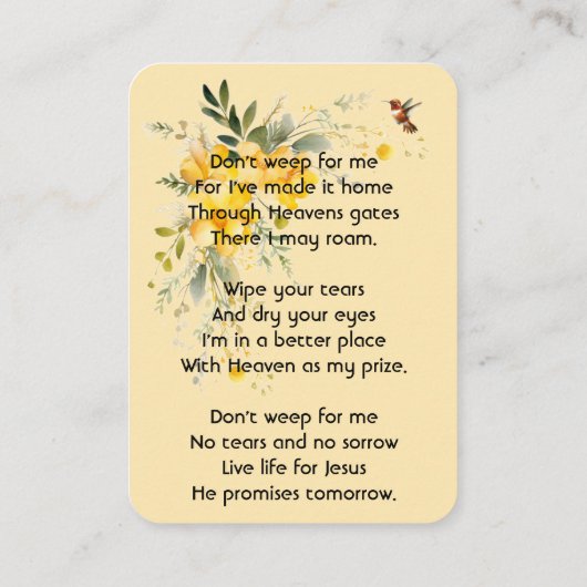 Christian Memorial Hummingbird Yellow Roses  名刺 (裏面)