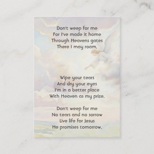 Christian Memorial Keepsake Angel Reaching  名刺 (裏面)