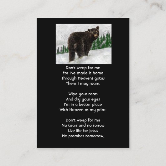 Christian Memorial Keepsake Black Bear Animal 名刺 (裏面)