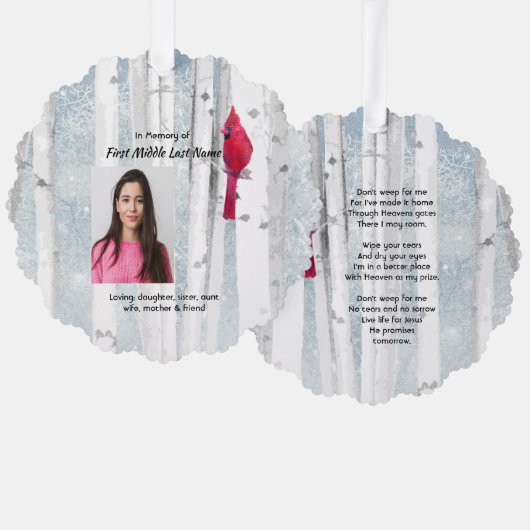 Christian Memorial Keepsake Cardinal Bird オーナメントカード (正面/裏面)