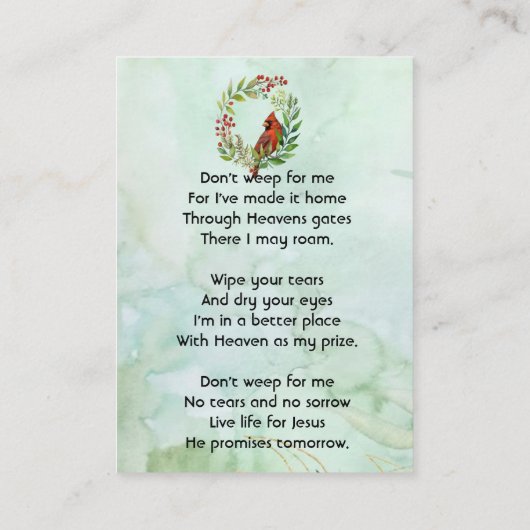 Christian Memorial keepsake Cardinal Bird 名刺 (裏面)