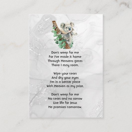 Christian Memorial Keepsake Cute Koala Children 名刺 (裏面)