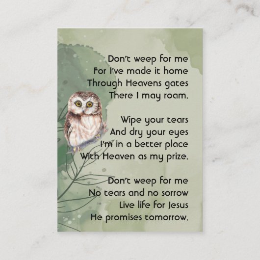 Christian Memorial Keepsake Cute Owl Bird 名刺 (裏面)