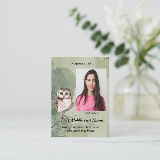 Christian Memorial Keepsake Cute Owl Bird 名刺 (スタンド正面)