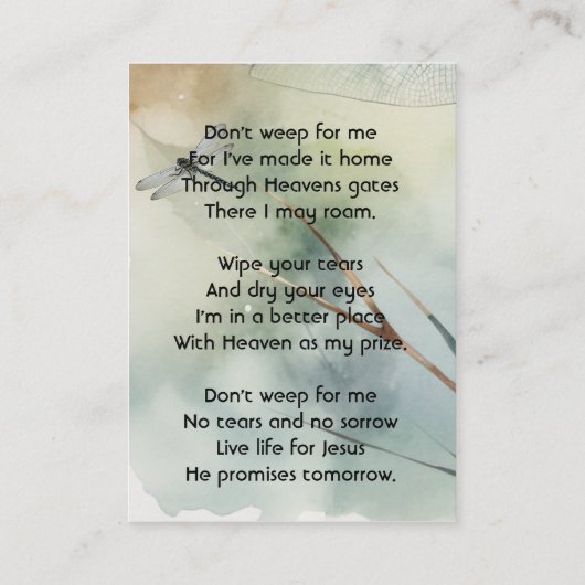 Christian Memorial Keepsake Dragonfly Business 名刺 (裏面)