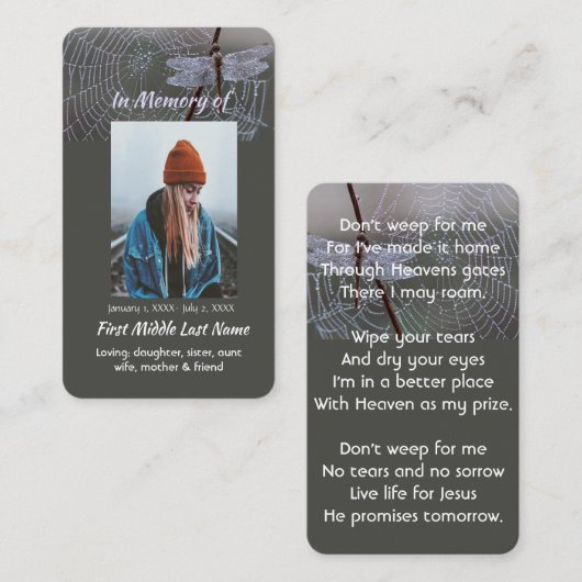 Christian Memorial Keepsake Dragonfly Dewdrops 名刺 (正面/裏面)