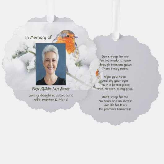 Christian Memorial Keepsake English Robin Bird オーナメントカード (正面/裏面)