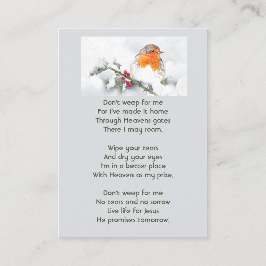 Christian Memorial Keepsake English Robin Bird 名刺 (裏面)