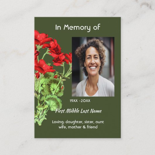 Christian Memorial Keepsake Geranium Flower 名刺 (正面)