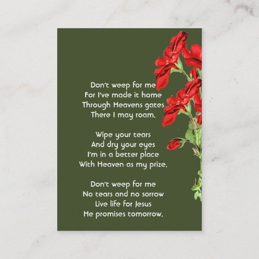 Christian Memorial Keepsake Geranium Flower 名刺 (裏面)