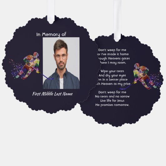 Christian Memorial Keepsake Hockey Player Sport オーナメントカード (正面/裏面)