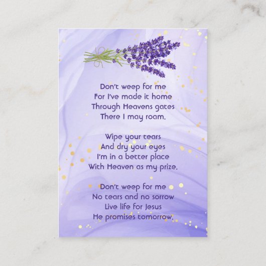Christian Memorial Keepsake Lavender Garden Flower 名刺 (裏面)