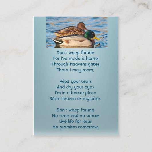 Christian Memorial Keepsake Mallard Ducks Bird 名刺 (裏面)