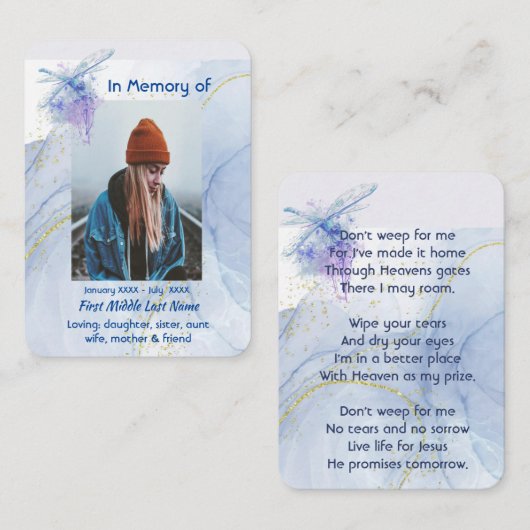 Christian Memorial Keepsake Memorial Dragonfly 名刺 (正面/裏面)