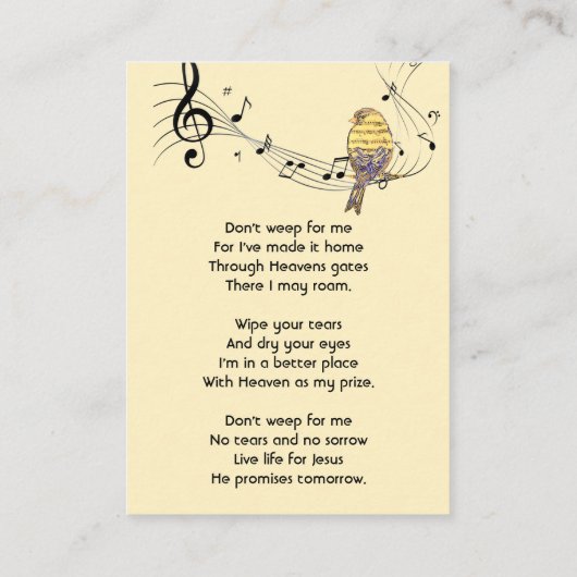 Christian Memorial Keepsake Music Bird 名刺 (裏面)