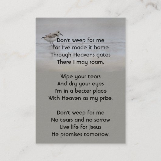 Christian Memorial Keepsake Sandpiper Shore Bird 名刺 (裏面)