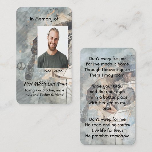 Christian Memorial Memory Card Baseball Sport 名刺 (正面/裏面)