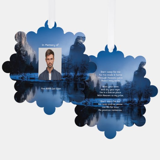 Christian Memorial Photo Mountain Lake Winter Snow オーナメントカード (正面/裏面)