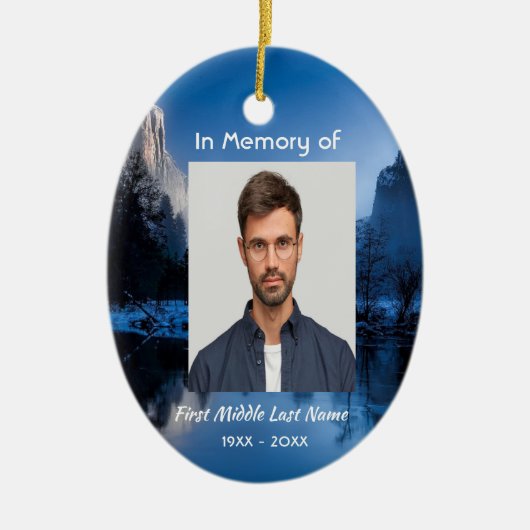 Christian Memorial Photo Mountain Lake Winter Snow セラミックオーナメント (正面)