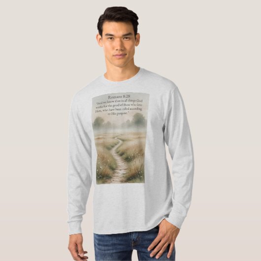 Christian Men's Romans 8:28 Bible Long Sleeve Tee Tシャツ (正面フル)
