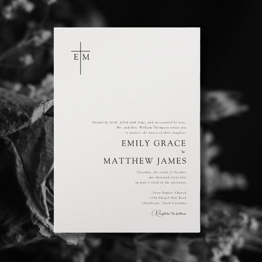 Christian Modern Minimal Monogrammed Cross Photo  招待状