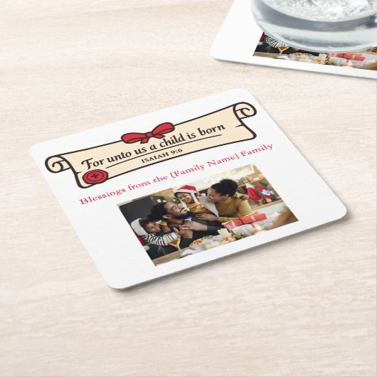 Christian Scroll Isaiah 9 6 Religious Custom Photo スクエアペーパーコースター (アングル)