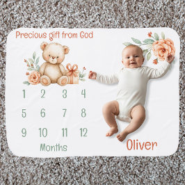 Christian Teddy Bear Milestone Baby Blanket ベビー ブランケット
