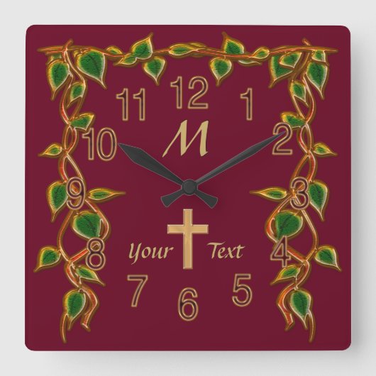 Christian Wall Clocks with Monogram and Your Text スクエア壁時計 (正面)