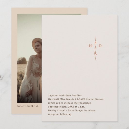 Christian Wedding Hand Lettered Monogram Cross 招待状 (正面/裏面)