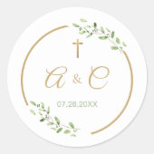 Christian Wedding Monogram Greenery Wreath Cross ラウンドシール (正面)