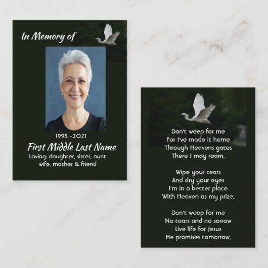 Christian White Egret Bird Memorial Keepsake  名刺 (正面/裏面)