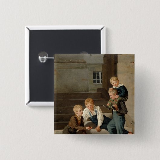 Christiansborgの前のサイコロを遊んでいる男の子 缶バッジ (正面&裏面)