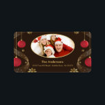 CHristmasフレームPHOTO差出人住所ラベル ラベル<br><div class="desc">あなたの封筒、クリスマスカード、クリスマスパーティの招待状をドレスアップ&クリスマスボールフォトフレーム差出人住所ラベルと有難いノートカード！この差出人住所ラベルは、赤いクリスマスボールと金ゴールドアクセントを持つ茶色の背景にセットされたフレームを特徴とする。あなたの封筒のための完璧な仕上げtouch!www.celebrateitholidays.comで私たちを参照して、休暇の全行を見るには、親切な差出人住所ラベルの1つ。</div>