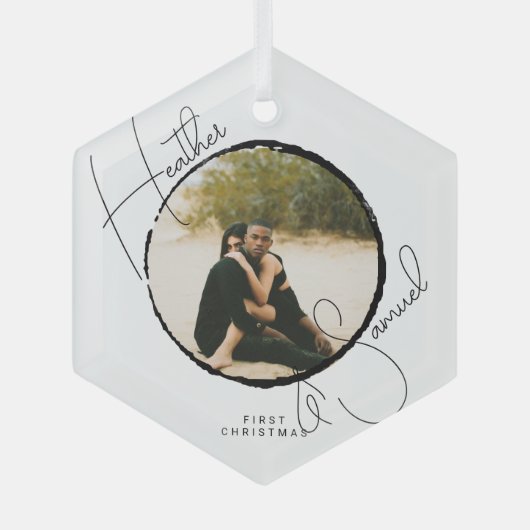 Christmas結婚のKeepsake Scriptのモダン写真 ガラスオーナメント (正面)
