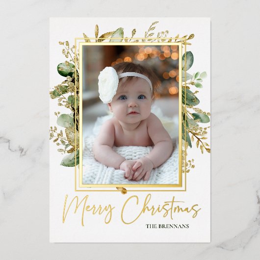 Christmas 1 Photo Festive Botanical Elegant 箔シーズンカード (正面)
