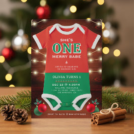 Christmas 1st Birthday Party Bodysuit Rustic Wood 招待状