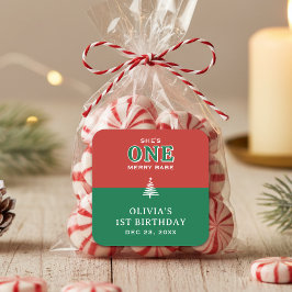 Christmas 1st Birthday Party Festive Red & Green スクエアシール