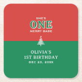 Christmas 1st Birthday Party Festive Red & Green スクエアペーパーコースター (正面)