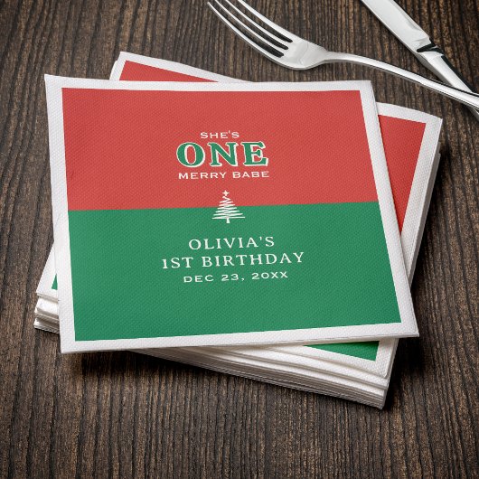 Christmas 1st Birthday Party Festive Red & Green スタンダードカクテルナプキン